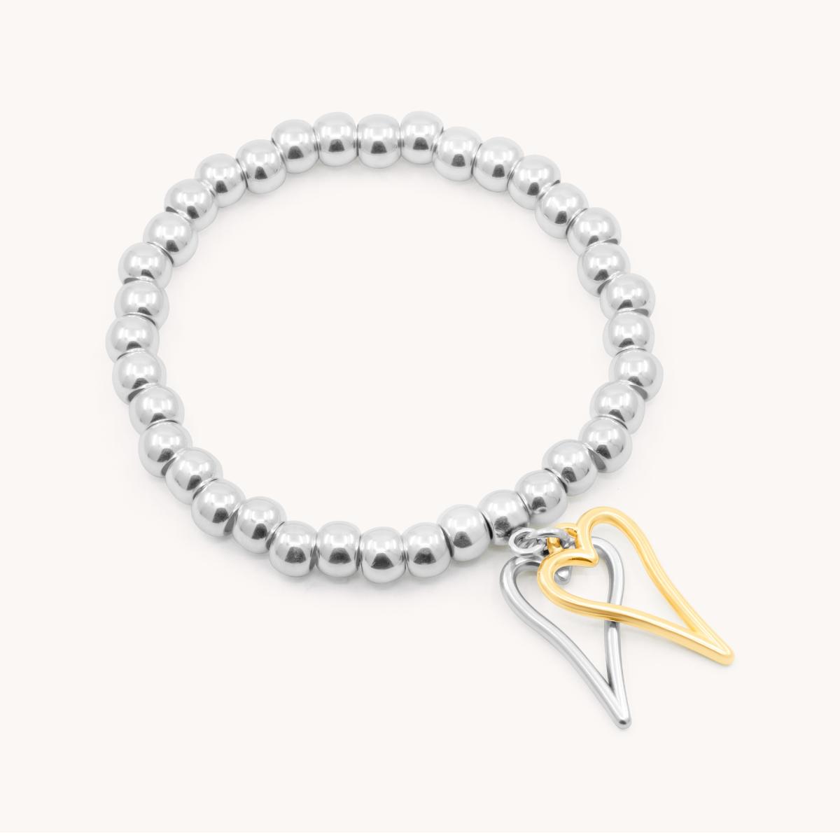 30B2957SG - Twin Open Hourglass Heart Chunky Beads Bracelet, Silver and Gold