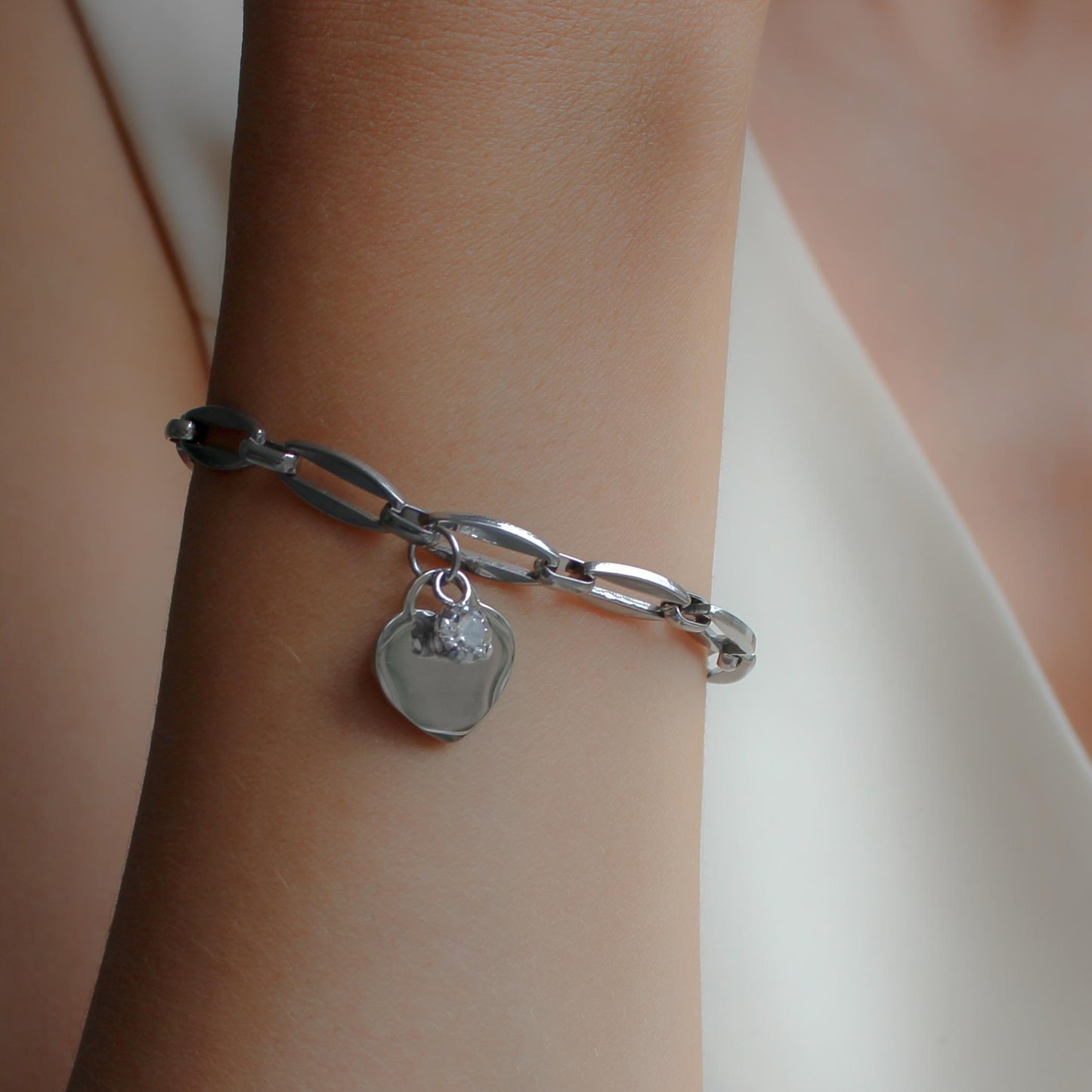 30B2805 - Classic Heart & Birthstone Long Link Bracelet, Silver