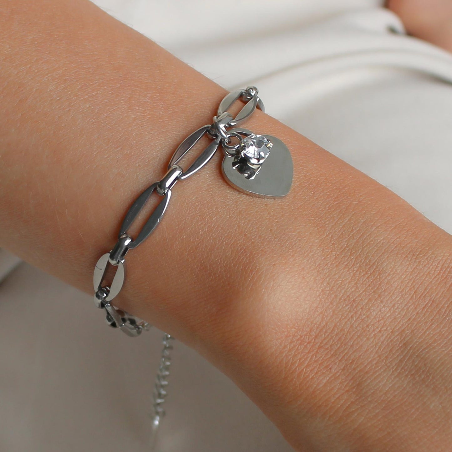 30B2805 - Classic Heart & Birthstone Long Link Bracelet, Silver