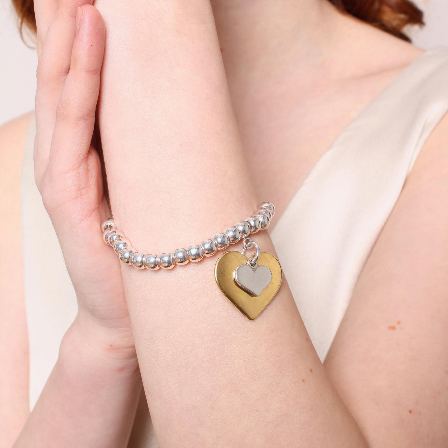 30B2945SG - Ciara Heart & Mini Heart Chunky Beads Bracelet, Gold and Silver