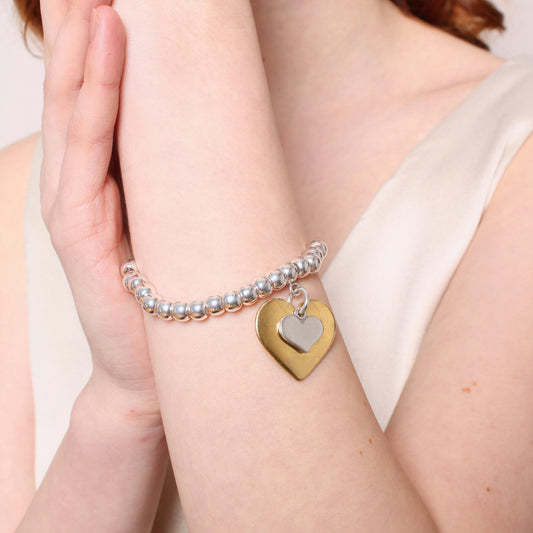 30B2945SG - Ciara Heart & Mini Heart Chunky Beads Bracelet, Gold and Silver