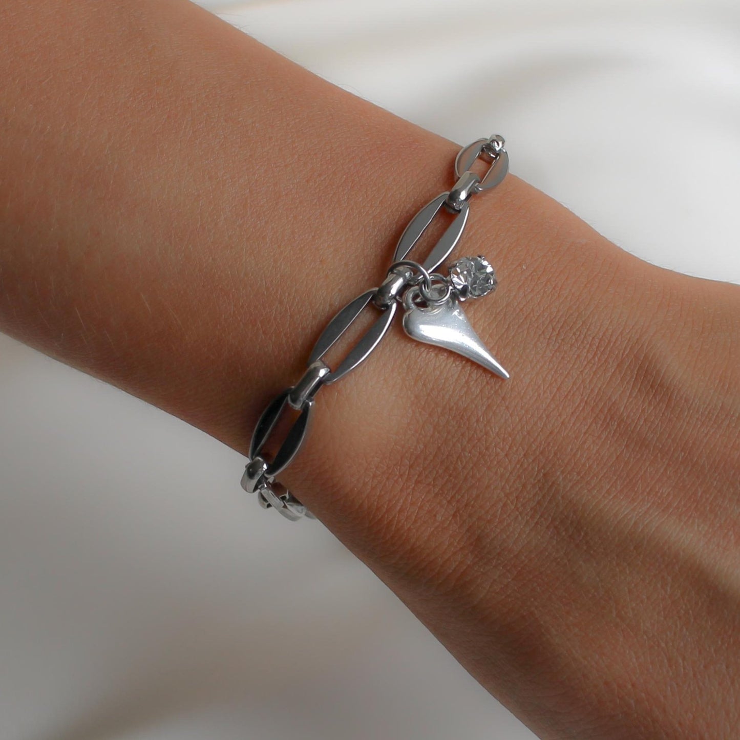30B2808 - Mini Hourglass Heart & Birthstone Long Link Bracelet, Silver