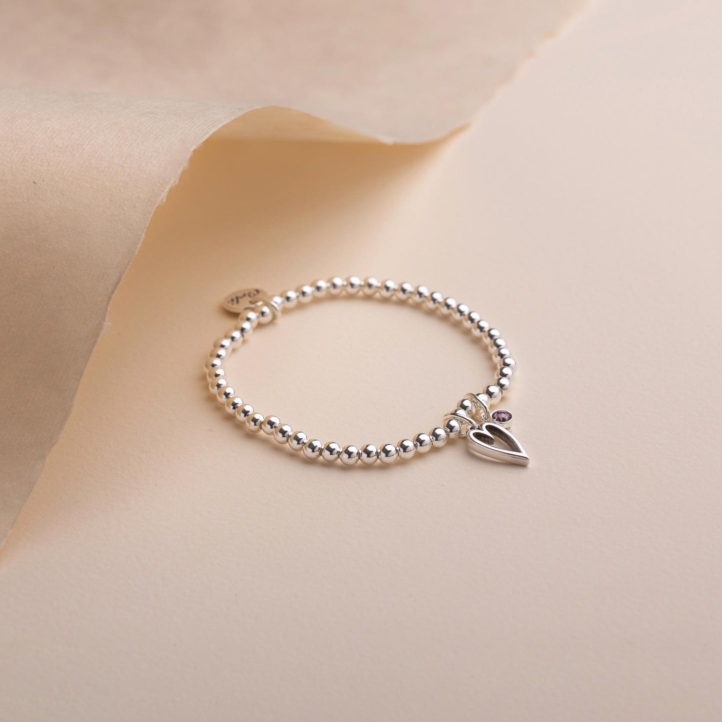 30B2609 - Mini Open Heart & Birthstone Beads Bracelet, Silver