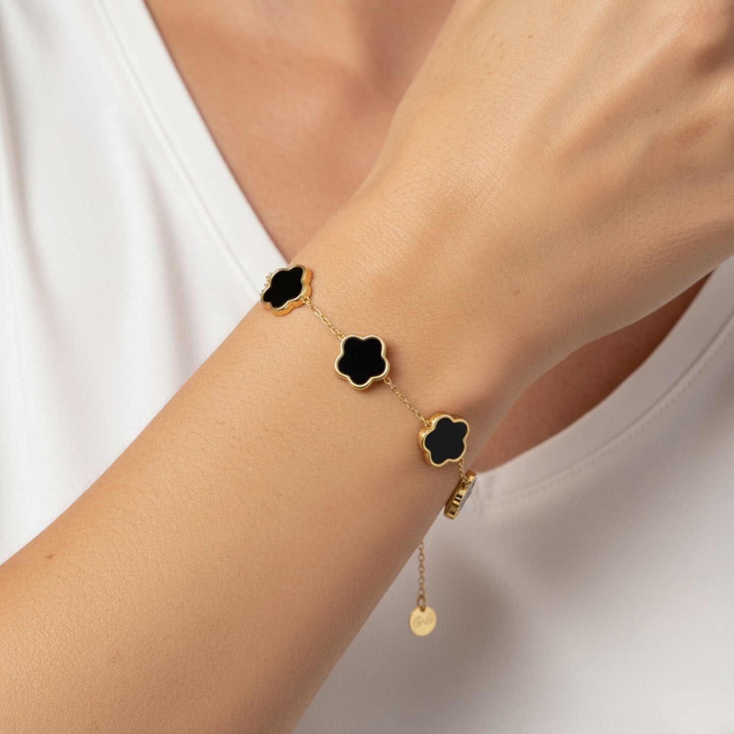 30B2036G - Black Multi Clover Bracelet, Gold