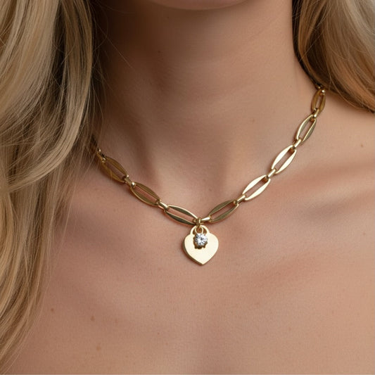 30N1869G - Classic Heart & Birthstone Long Link Necklace in Gold