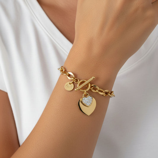 30B2046G - Double Crystal Heart Chunky T-bar Bracelet in Gold