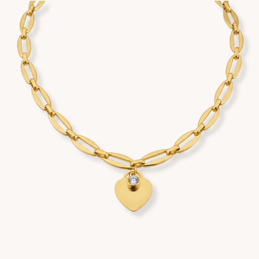 30N1869G - Classic Heart & Birthstone Long Link Necklace in Gold