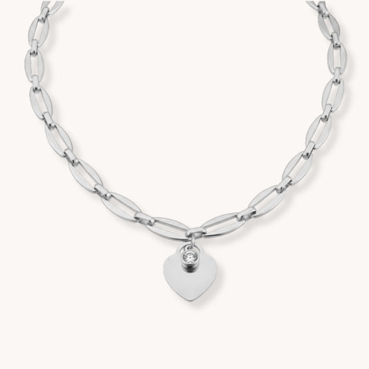 30N1869 - Classic Heart and Birthstone Long Link Necklace in Silver