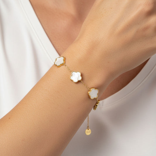 30B2036G - White Multi Clover Bracelet, Gold