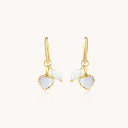 30E3144G - Heart & Pearl Huggie Hoops, Gold
