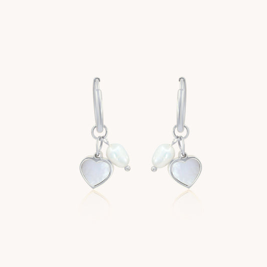 30E3144 - Heart & Pearl Huggie Hoops, Silver
