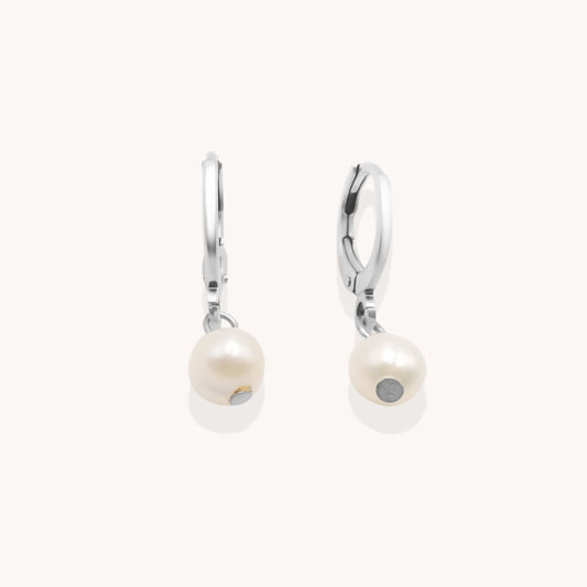 30E3189 - Pearl Huggie Hoops, Silver