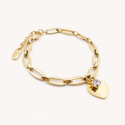 30B2805G - Classic Heart & Birthstone Long Link Bracelet, Gold