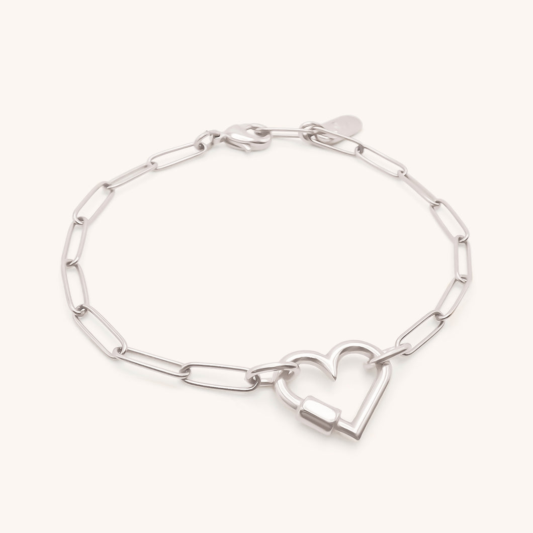 30B2817 - Heart Lock Paperclip Chain Bracelet, Silver