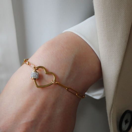 30B2836G - Crystal Heart Lock Bracelet, Gold