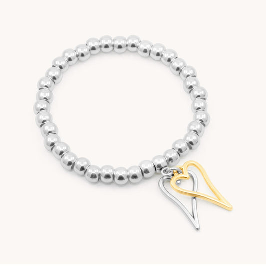 30B2957SG - Twin Open Hourglass Heart Chunky Beads Bracelet, Silver and Gold