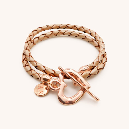 30B7015R - Pleated Leather Wrap Bracelet, Rose Gold & Pearlised Nude