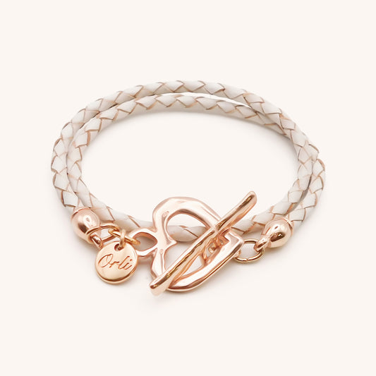 30B7015R - Pleated Leather Wrap Bracelet, Rose Gold & White