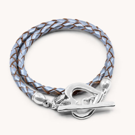 30B7015 - Pleated Leather Wrap Bracelet, Silver & Metallic Grey