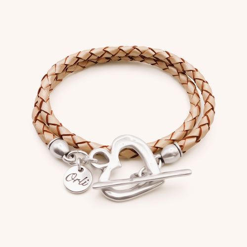 30B7015 - Pleated Leather Wrap Bracelet, Silver & Pearlised Nude