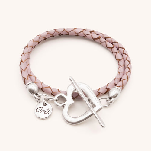 30B7015 - Pleated Leather Wrap Bracelet, Silver & Pink