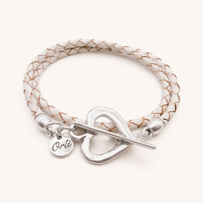 30B7015 Pleated Leather Wrap Bracelet, Silver & White