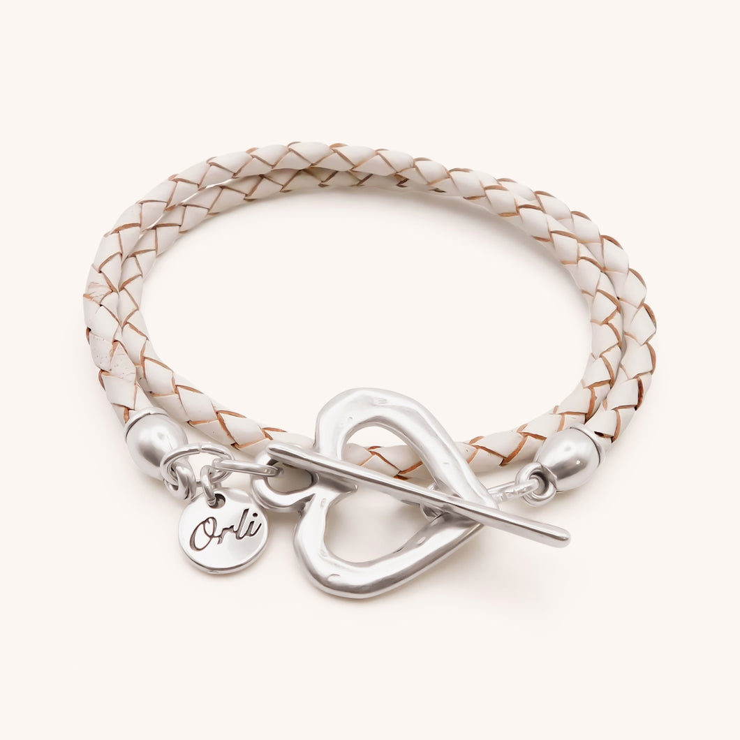 30B7015 Pleated Leather Wrap Bracelet, Silver & White