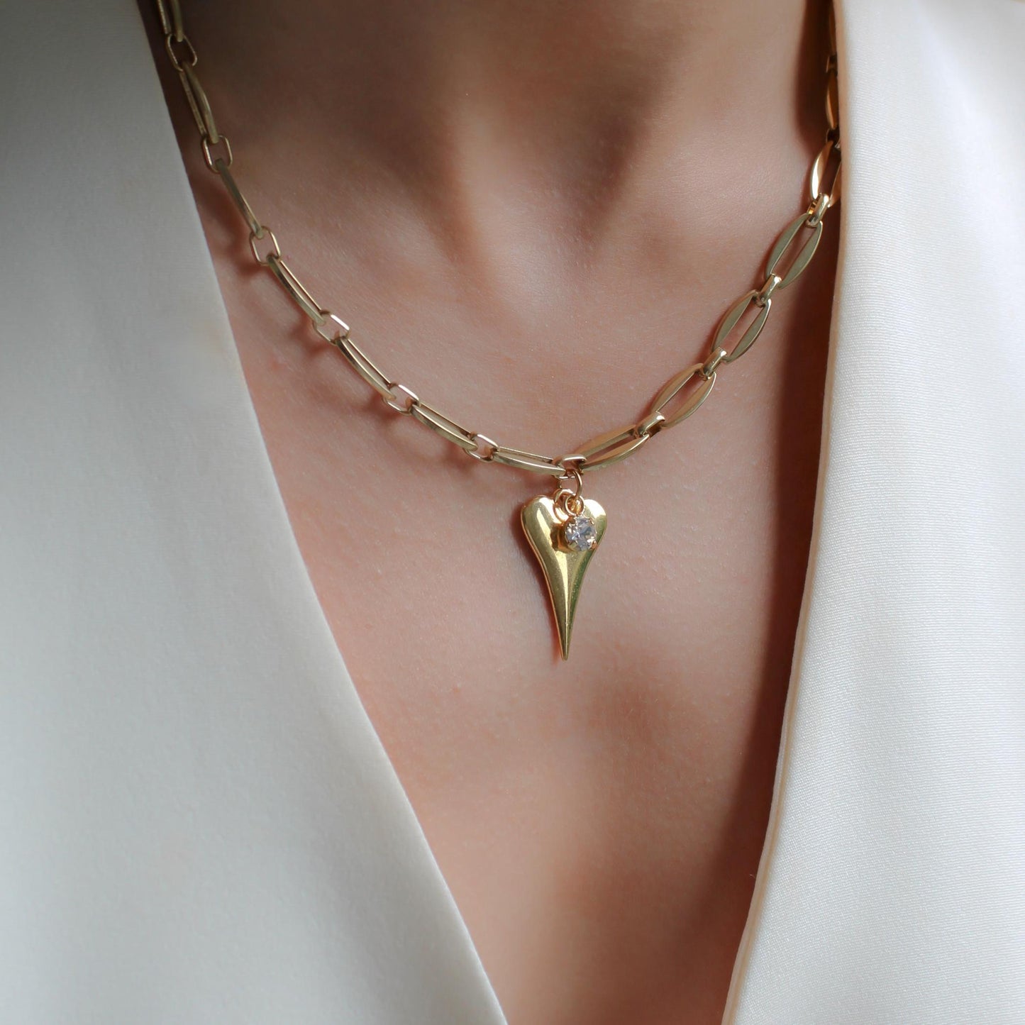 30N1804G - Hourglass Heart & Birthstone Long Link Necklace, Gold