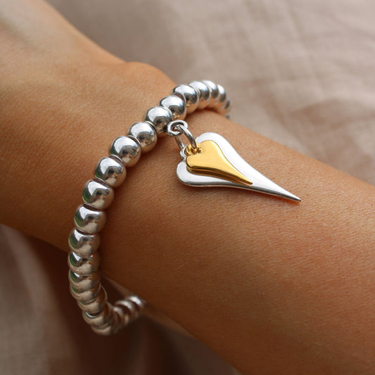 30B2955SG - Hourglass Hearts Chunky Beads Bracelet, Silver & Gold