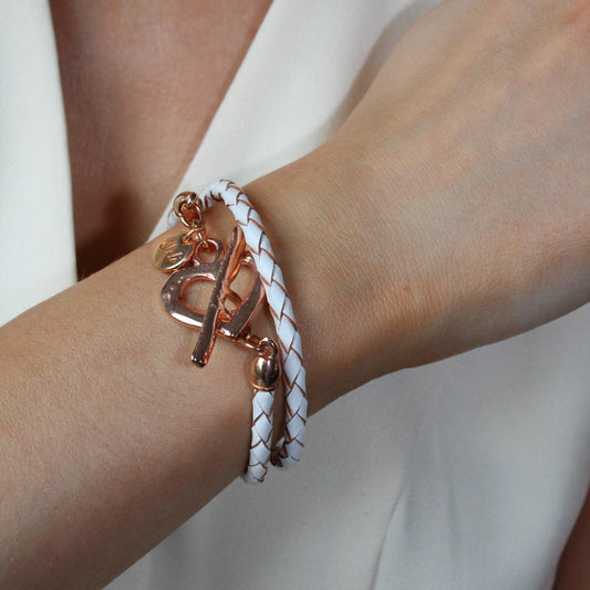 30B7015R - Pleated Leather Wrap Bracelet, Rose Gold & White
