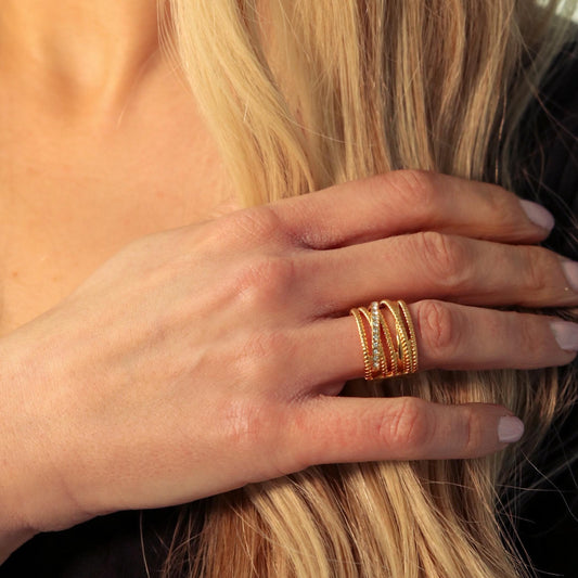 30R5113G - Amber Crystal Crossover Ring, Gold