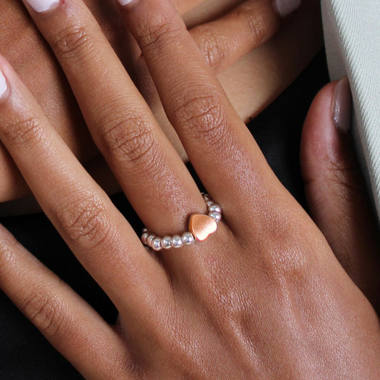 30R5018SR - Glider Heart Beads Ring, Silver & Rose Gold
