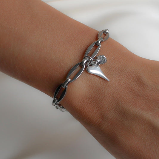 30B2808 - Mini Hourglass Heart & Birthstone Long Link Bracelet, Silver