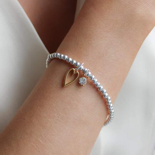 30B2609 - Mini Open Heart & Birthstone Beads Bracelet, Silver & Gold
