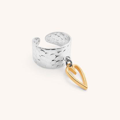 30R5134SG - Open Heart Hammered Charm Ring, Silver & Gold