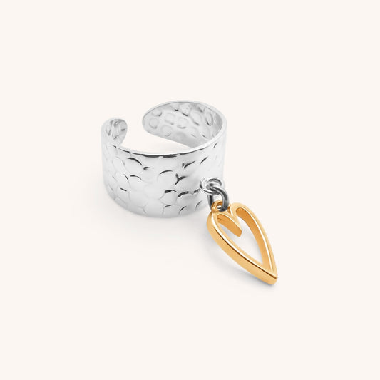 30R5134SG - Open Heart Hammered Charm Ring, Silver & Gold