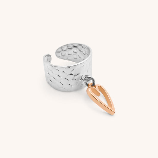 30R5134SR - Open Heart Hammered Charm Ring, Silver & Rose Gold