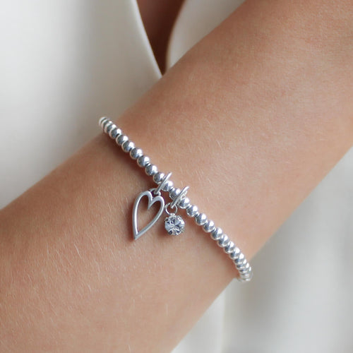 30B2609 - Mini Open Heart & Birthstone Beads Bracelet, Silver