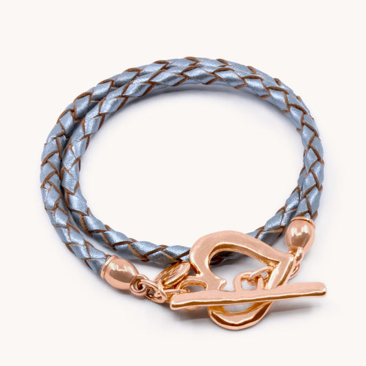 30B7015R - Pleated Leather Wrap Bracelet, Rose Gold & Metallic Grey