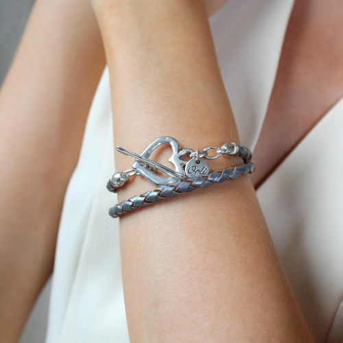 30B7015 - Pleated Leather Wrap Bracelet, Silver & Metallic Grey