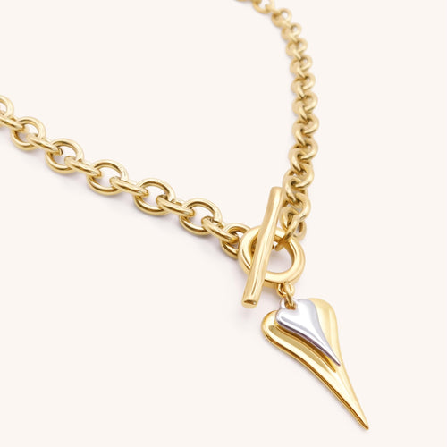 30N1219GS - Hourglass Heart Chunky T-Bar Necklace, Gold & Silver