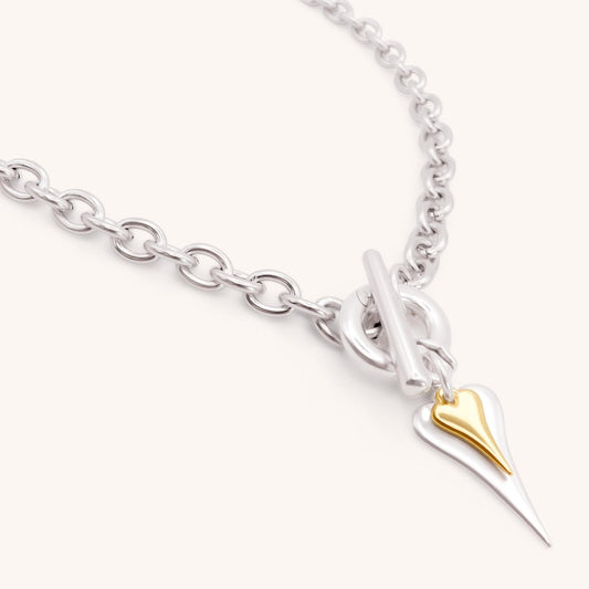 30N1219SG - Hourglass Heart Chunky T-Bar Necklace, Silver & Gold