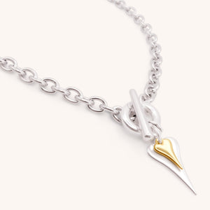 30N1219SG - Hourglass Heart Chunky T-Bar Necklace, Silver & Gold