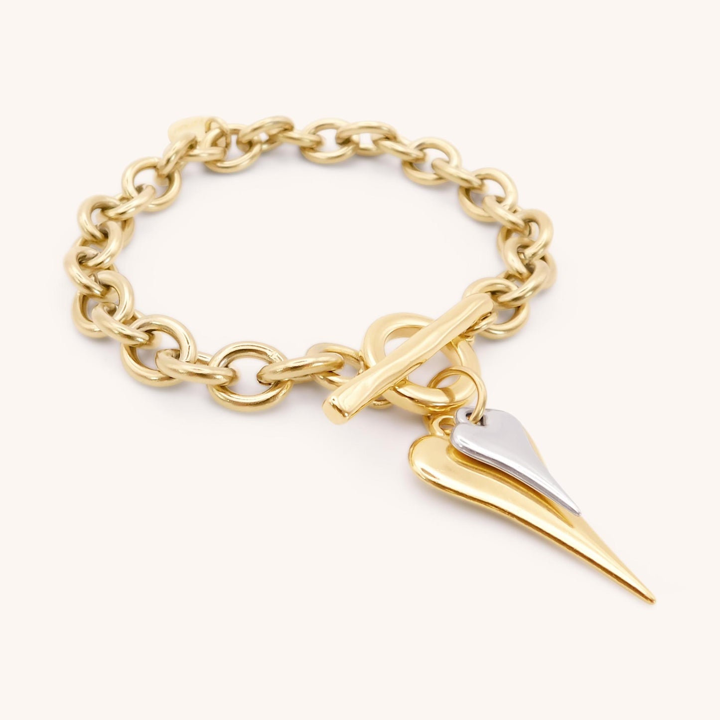 30B2207GS - Hourglass Heart Chunky T-Bar Bracelet, Gold & Silver