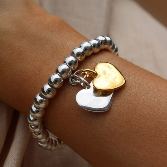 30B2956SG - Twin Hayley Heart Chunky Beads Bracelet, Silver and Gold