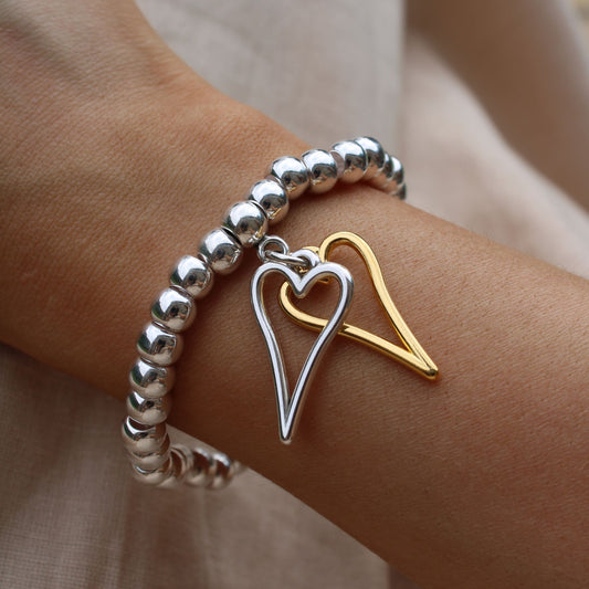 30B2957SG - Twin Open Hourglass Heart Chunky Beads Bracelet, Silver and Gold