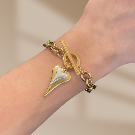 30B2207GS - Hourglass Heart Chunky T-Bar Bracelet, Gold & Silver