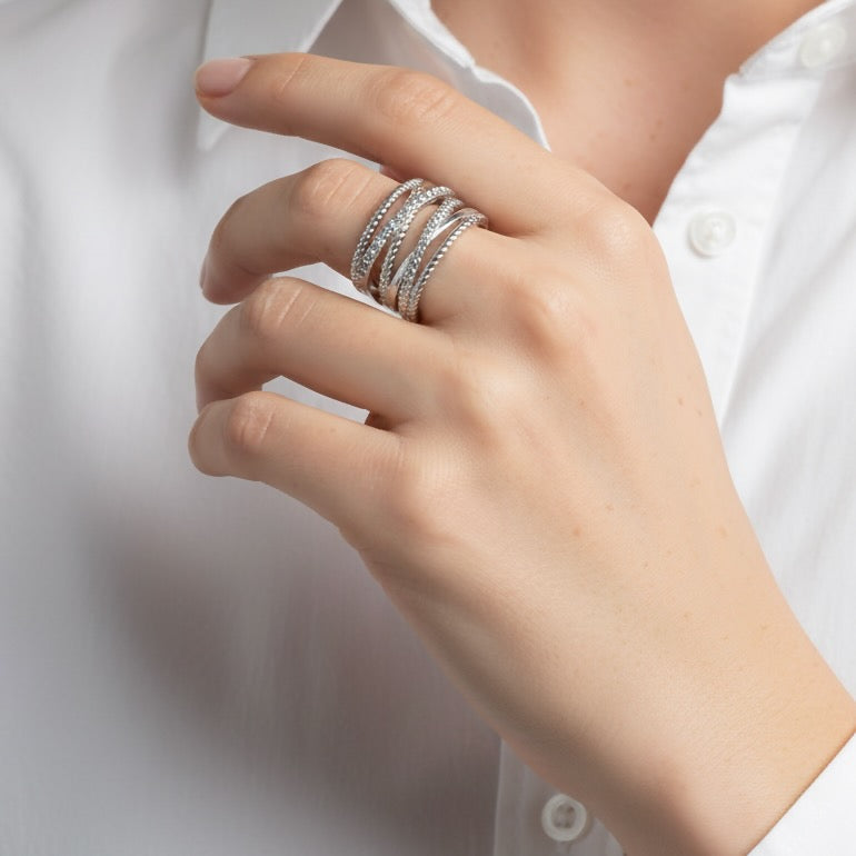 30R5113 - Amber Crystal Crossover Ring, Silver