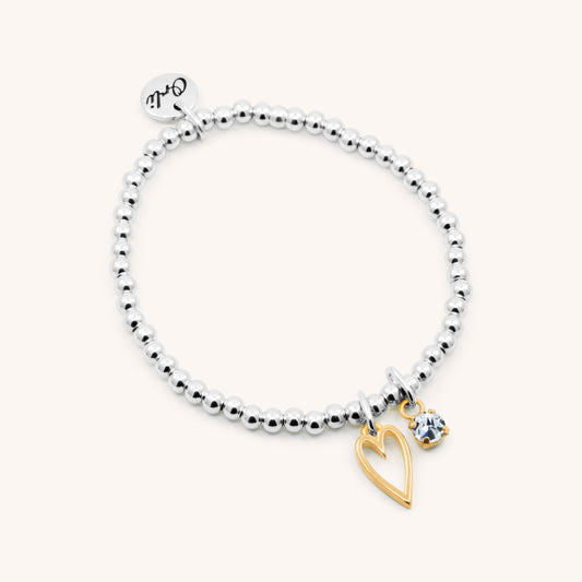 30B2609 - Mini Open Heart & Birthstone Beads Bracelet, Silver & Gold