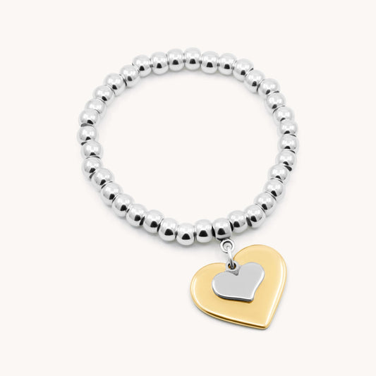 30B2945SG - Ciara Heart & Mini Heart Chunky Beads Bracelet, Gold and Silver